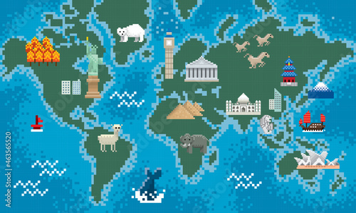 A world map with various landmarks. Vector. Image show in mosaic effect.