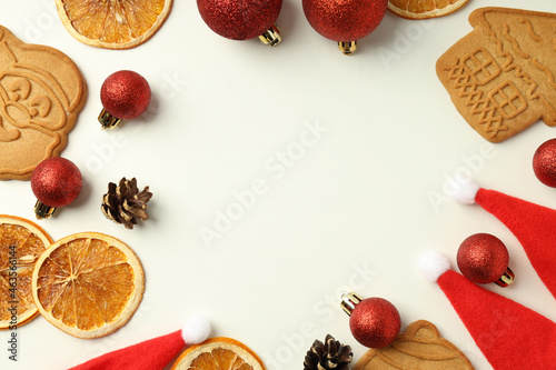 Christmas accessories on white background, space for text