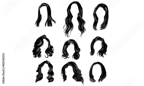 set of fashion girl trendy long hairs black colors. beauty fashion. realistic hair graphic