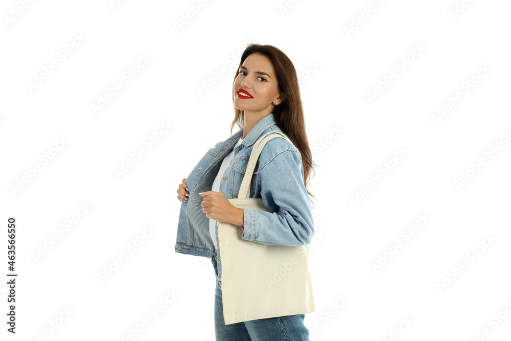 Attractive girl with cotton bag isolated on white background Attractive girl with cotton bag isolated on white background
