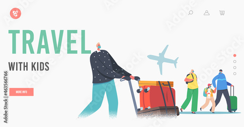 Family Travel with Children Landing Page Template. Parents and Kids in Airport with Luggage Fly for Holidays