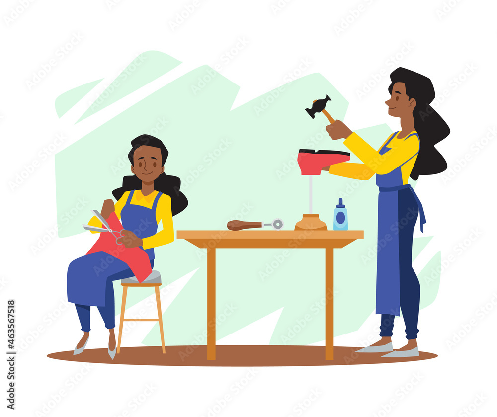 Woman making or repairing shoes with hammer, scissors and glue - cartoon vector character illustration