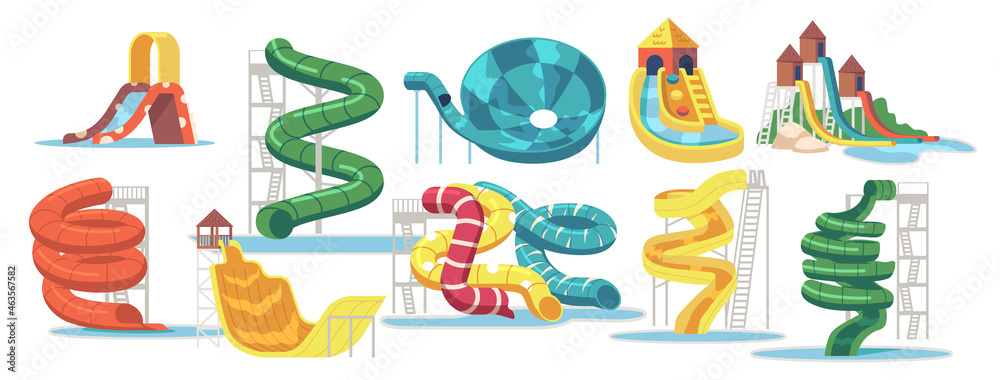 Set of Water Slides, Waterpark Aquapark and Swimming Pool Equipment, Items for Amusement Park, Recreation Fun Elements