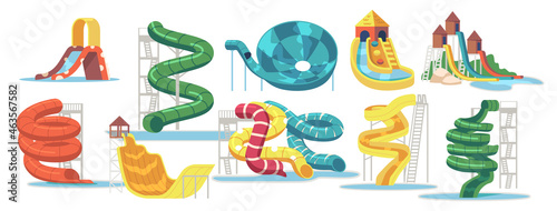 Set of Water Slides, Waterpark Aquapark and Swimming Pool Equipment, Items for Amusement Park, Recreation Fun Elements
