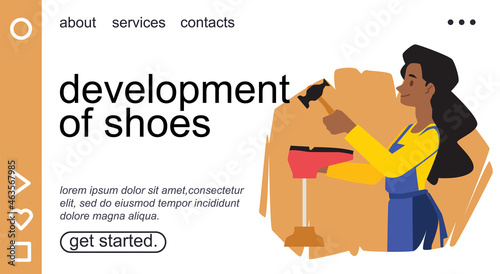 Footwear manufacturing landing page with woman sets sole with hammer - flat vector illustration.