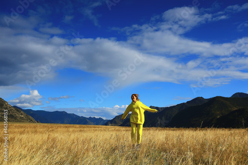 field mountains jumping girl active lifestyle outdoor, freedom happiness summer