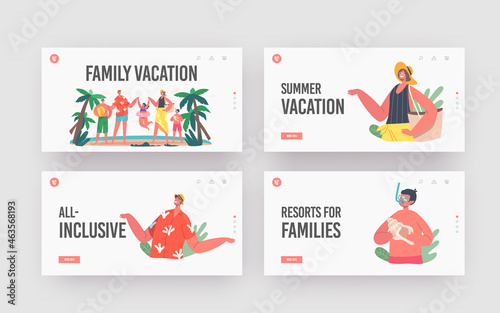 Family on Summer Vacation Landing Page Template Set. Happy Characters on Beach. Mother, Father, Daughter and Son