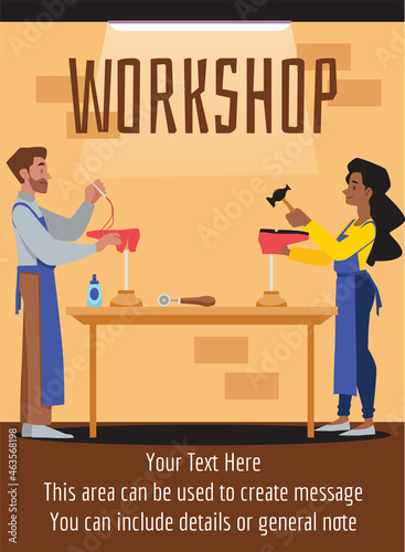 Shoe making workshop vector illustration. Man and woman making shoes at footwear manufacturing, standing sideview.