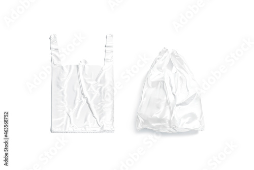 Blank white t-shirt plastic bag with handle mockup, top view