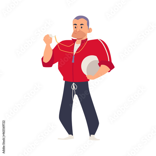 Sports trainer or kids school team coach flat vector illustration isolated.