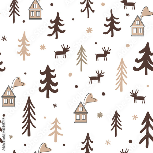 Scandinavian winter seamless pattern. Simple deer, houses, and trees landscape. Minimalist European houses. Cartoon Xmas illustration