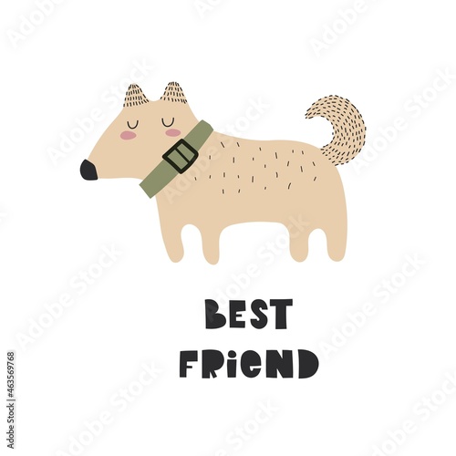best friend. cartoon dog, hand drawing lettering . Colorful flat vector illustration for children. baby design for prints, posters, cards