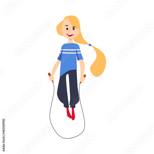 Cute cheerful girl skipping with rope flat vector illustration isolated.