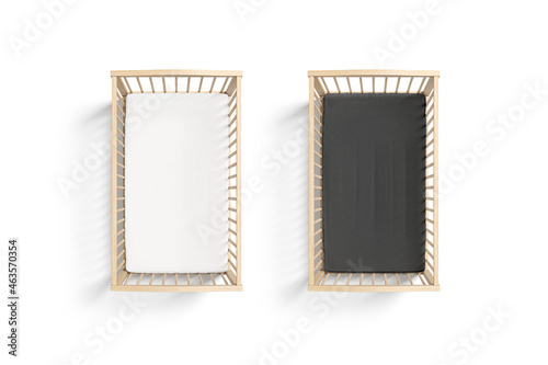 Photography Blank wood cot with black and white crib sheet mockup
