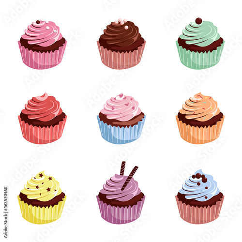 A collection of delicious muffins of different colors and decorations