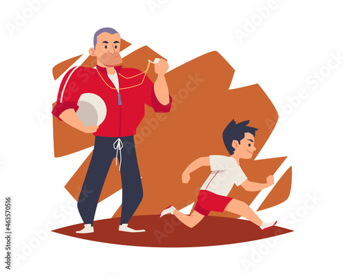 Sports school coach training child in running, flat vector illustration isolated.