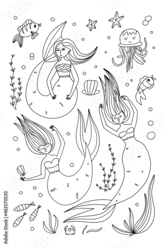 Cartoon mermaid. Coloring book page. Cute little underwater line character  princess with fish tail  adorable ocean fantasy outline creature  kids fairy tale girl vector isolated illustration