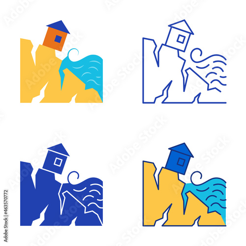 Coastal erosion icon set in flat and line style