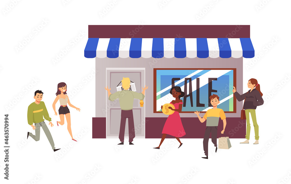 Shopping concept with people on sale, flat vector illustration isolated.