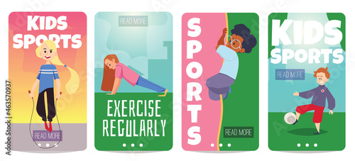 Set of banners on kids sport and physical education, flat vector illustration.