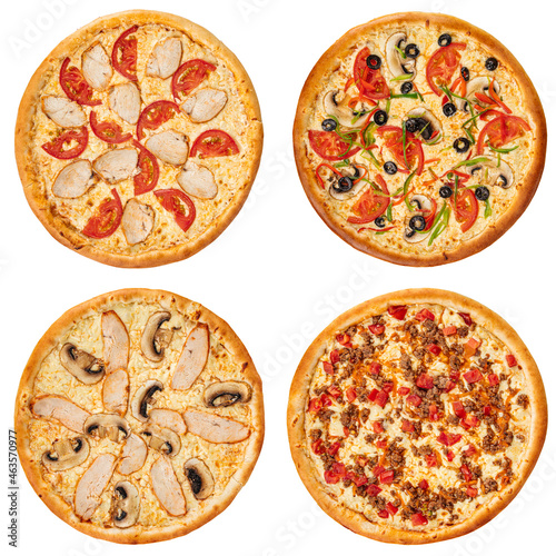 Set of different pizzas collage isolated on white background