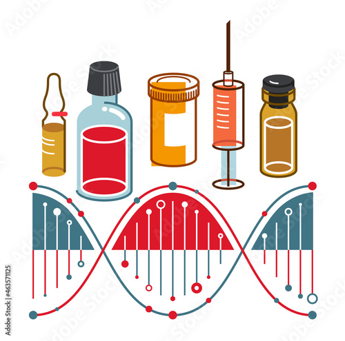 DNA strand based medical theme composition with lots of different drugs and meds vector illustration isolated, drugstore or medical biotechnology scientific research.