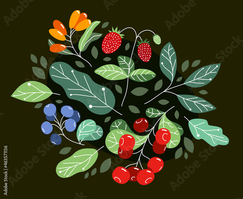 Wild berries fresh and ripe tasty healthy food with leaves vector flat style illustration over dark background, delicious vegetation diet eating, nature gifts.