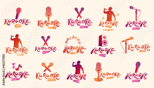 Karaoke party or club logos and emblems vector set isolated, singing music nightlife entertainment weekend theme, microphones and musical notes compositions.