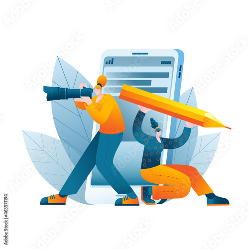 A copywriter and a photographer create content on the background of a mobile phone. Vector illustration on the topic of promotion in social networks and creation of professional content.