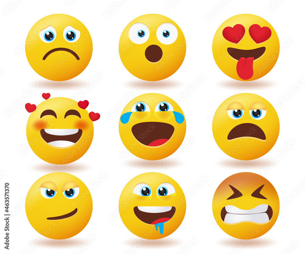 Smileys emoji reaction vector set. Emojis smiley yellow faces collection with facial expression isolated in white background for emoticons face emotion character design. Vector illustration.
Smileys emoji reaction vector set. Emojis smiley yellow faces collection with facial expression isolated in white background for emoticons face emotion character design. Vector illustration.