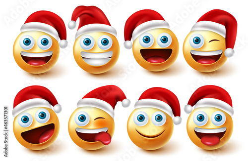 Smiley santa characters vector set. Santa claus christmas emoji character in facial expression and red hat isolated in white background for xmas emojis collection design. Vector illustration.
