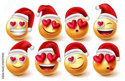 Smileys in love santa vector set. Emoji christmas characters with inlove facial expressions isolated in white background for lovely xmas emojis character collection design. Vector illustration.
