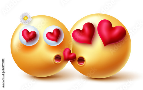 Smileys valentine lovers vector design. Emoji emoticon 3d inlove romantic kissing character with hearts elements for valentine kiss gesture couple characters concept. Vector illustration.
