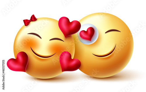 Emoji valentine couple vector concept design. Smileys 3d inlove emojis lover in romantic feelings and expression with hearts elements for valentines love characters emoticon. Vector illustration.
