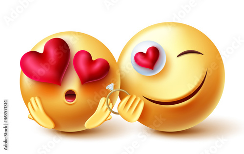 Smileys couple vector concept design. Emoji 3d proposing smiley character with engagement ring for valentines present gift and proposal emoticon characters. Vector illustration.
