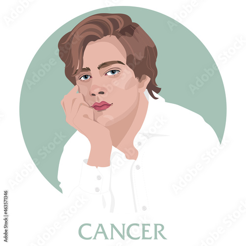 Illustration of Cancer astrological sign as a handsome guy. Zodiac illustration isolated on white. Future telling, horoscope, alchemy, spirituality, occultism, fashion.