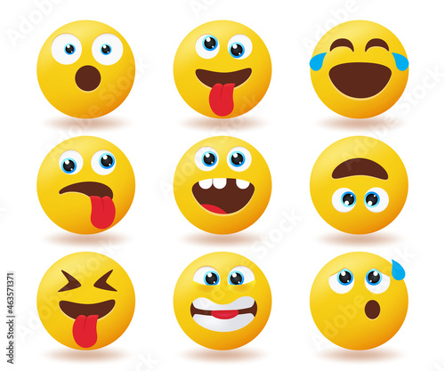 Emoji emoticons reaction vector set. Smiley icon characters with funny and weird smileys collection isolated in white background for emojis facial expression design. Vector illustration.
