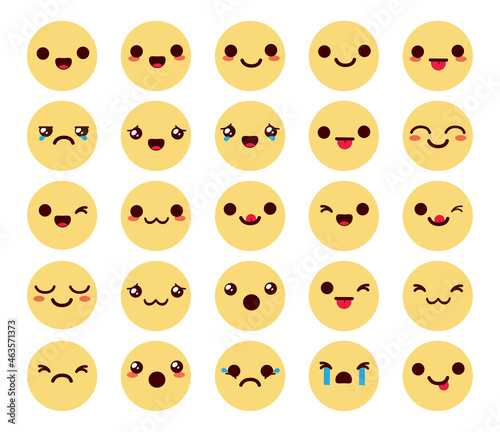 Smileys chibi characters vector set. Emoticon kawaii emojis collection in yellow faces with friendly and cute reactions for emoticon chibis collection design. Vector illustration.
