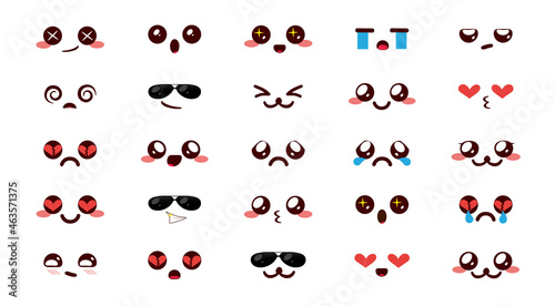 Smiley kawaii emoji vector set. Emoticon cute chibi smileys cartoon in happy kawaii face reaction collection isolated in white background for facial expression doodle art design. Vector illustration.
 photo