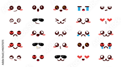 Smiley kawaii emoji vector set. Emoticon cute chibi smileys cartoon in happy kawaii face reaction collection isolated in white background for facial expression doodle art design. Vector illustration.
