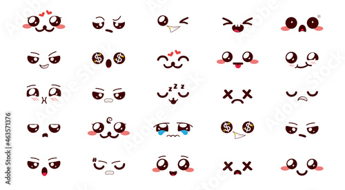Emoji kawaii emoticon vector set. Chibi smileys character in cute faces reaction collection of happy, smiling, sad and angry for chibis kawaii cartoon doodle design. Vector illustration.
 photo