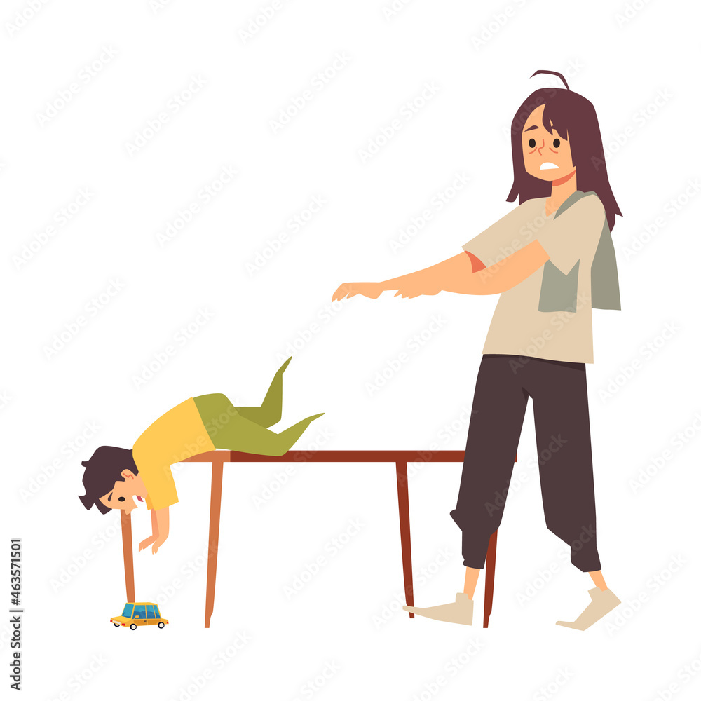 Woman cannot cope with raising a child, flat vector illustration isolated. Woman cannot cope with raising a child, flat vector illustration isolated.