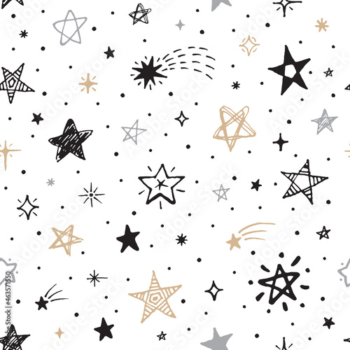 Sketch stars seamless pattern. Black star, holiday christmas galaxy print. Isolated doodle falling elements, grunge scribble comets tidy vector texture