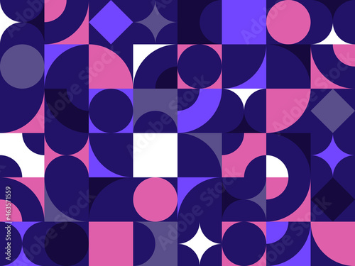 Geometric abstract seamless pattern with colorful simple elements of geometry, wallpaper background in retro 70s style, Bauhaus constructive style tiles.