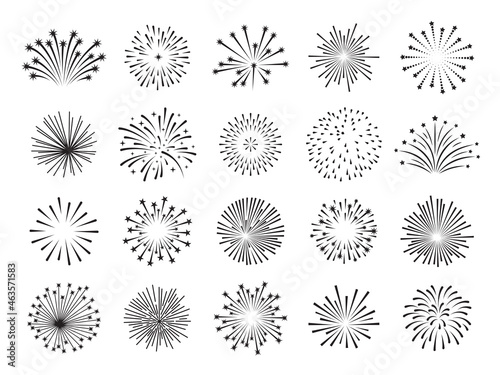 Flat fireworks. Lines firework icons, simple new year festival saluting. Shining celebration party objects, simple carnival sparkle tidy vector symbols