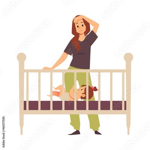 Tired woman in postpartum depression near baby bed, flat vector illustration.