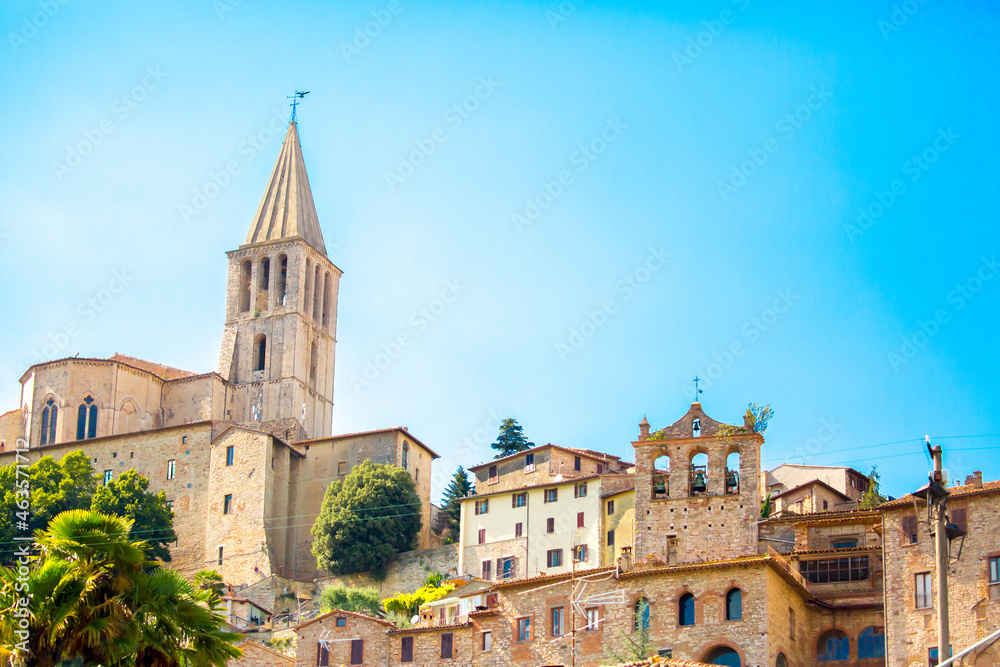 Medieval town Todi on the hill Italy, tourist tourism. Ancient cities of Europe, beautiful landscape panoramic view. Fortifications of medieval Italy.