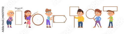 Kids hold empty banner. Child holding card, direction sign placards. Little children woth blank board. Cartoon student with billboard decent vector set