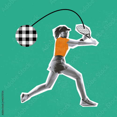 Fototapeta Naklejka Na Ścianę i Meble -  Modern design, contemporary art collage. Inspiration, idea, trendy magazine style. Sport. Professional female tennis player on green background.