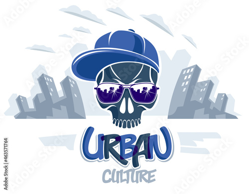 Skull in sunglasses and hat, urban theme vector logo or emblem, gangster or thug illustration, anarchy chaos hooligan, ghetto theme.